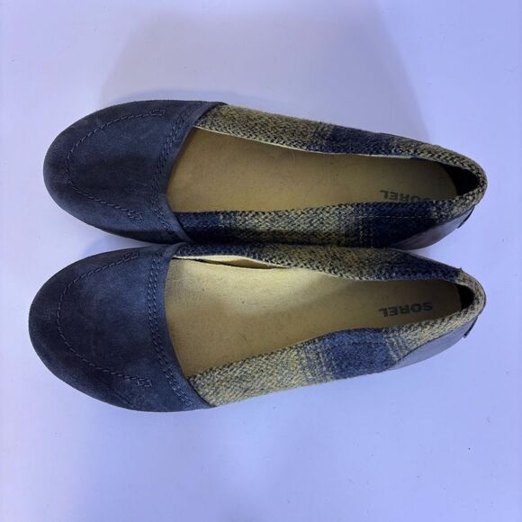 Sorel Women's Gray and Green Plaid Wool Flats 10.5 - Picture 2 of 8